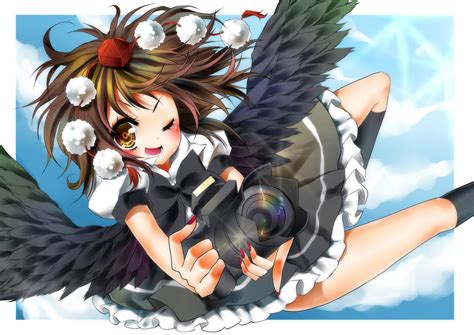 Beni0012 Camera Hat Shameimaruaya Sky Touhou Wings Wink Rkonachan