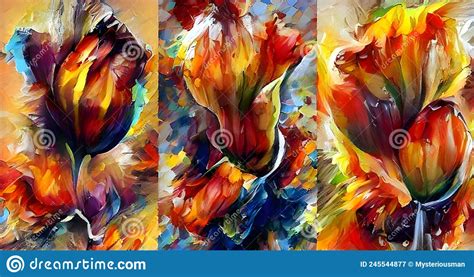 Tulip Flowers Triptych Imaginative Painting Of Flowers Stock