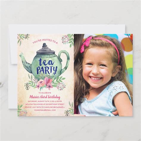 Garden Tea Party Birthday Photo Invitation Size 5 X 7 Color Green