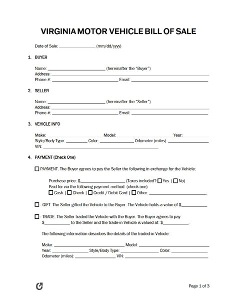 Bill Of Sale Form Virginia Templates Fillable Printable Samples For