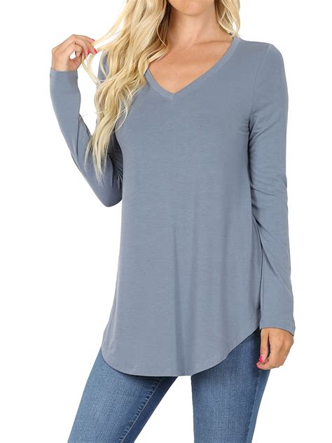 Zenana Women And Plus Relaxed Fit Long Sleeve V Neck Round Hem Jersey Tee