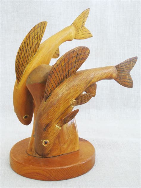 Vintage Fish Carving Folk Art Wood Sculpture Swimming Pair Hand