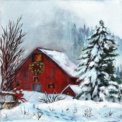 Red Winter Barn Landscape Acrylic Painting Tutorial Step By Step