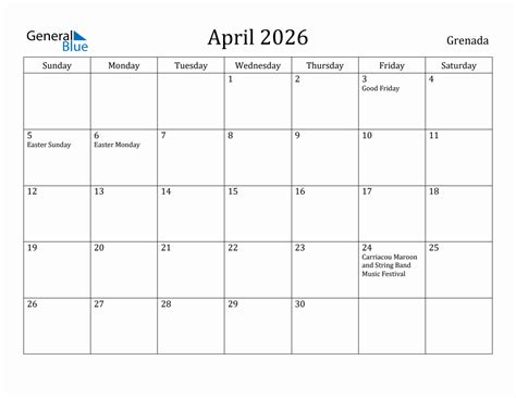 April 2026 Monthly Calendar With Grenada Holidays