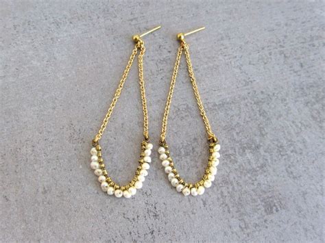 Pearl Long Gold Chandelier Earrings Dangle Wire Wrapped Etsy