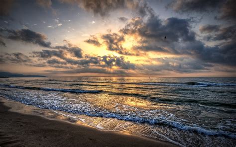 Sea waves, beach, sand, sky, clouds, sunset wallpaper | nature and ...