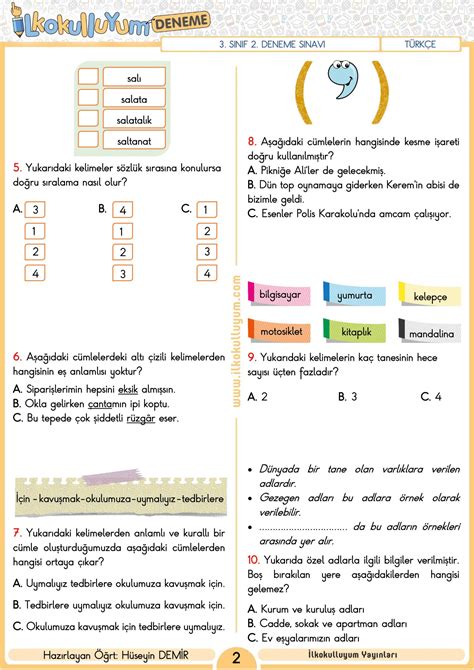 3. SINIF 2. DENEME SINAVI (ETKİLEŞİMLİ VE CEVAP ANAHTARLI) | Dosya
