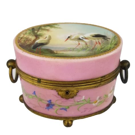 Antique French Hand Painted Porcelain Gilt Bronze Jewelry Dresser Box