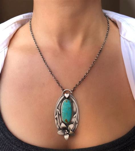 Handcrafted Genuine Turquoise Necklace Sterling Silver Flower Etsy