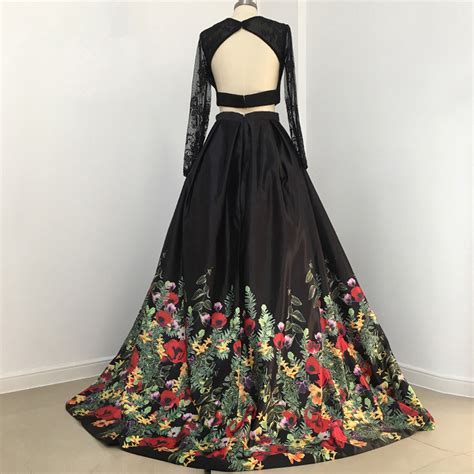Two Piece Prom Dressblack Floral Long Prom Dress Long Sleeves Prom