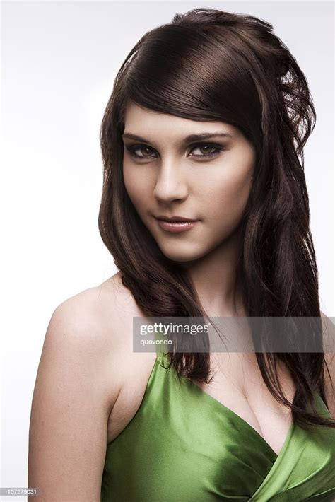 Beautiful Brunette Young Woman Head Shot On White Bildbanksbilder