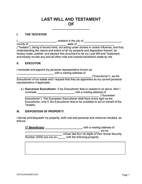 Free Last Will And Testament Form Pdf Word 1 Odt