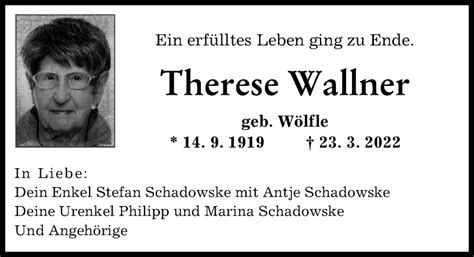 Traueranzeigen Von Therese Wallner Augsburger Allgemeine Zeitung
