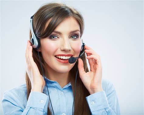 Smiling Woman Call Center Operator Touching Headse Stock Image Image