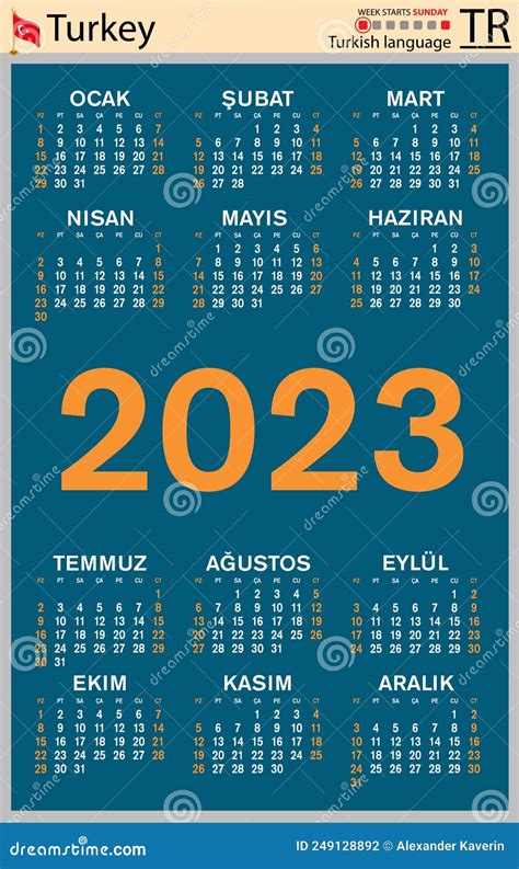 Turkish Vertical Pocket Calendar For 2023 Week Starts Sunday Stock
