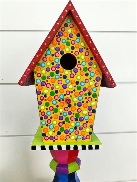 Colorful Painted Birdhouse On Pedestal Stand Whimsical Bird House