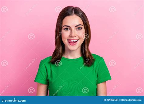Photo Of Funny Funky Girl Wear Green Crop Top Smiling Licking Lips Isolated Pink Color