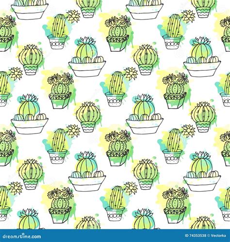 Seamless Vector Pattern With Cactus Colorful Background With