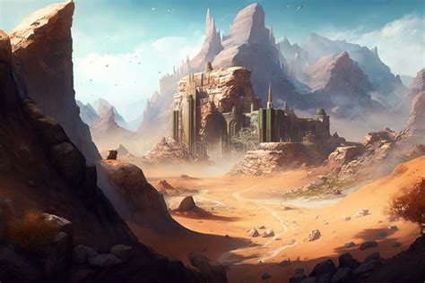 Fortress Kingdom Underneath Rugged Desert Mountains Stock Illustration