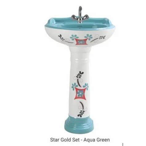 Sonferry Ceramic Vitrosa Star Gold Set Aqua Green Pedestal Wash Basin