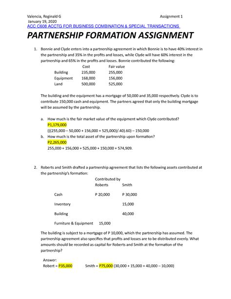 Partnership Formation Assignment January Acc C Acctg For Business Combination