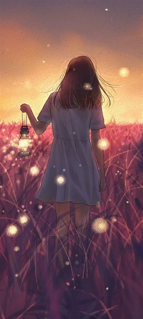 Free Download Download 1440x3200 Anime Landscape Field Anime Girl Back
