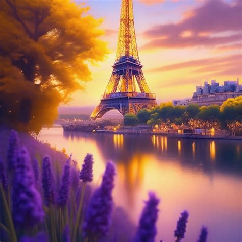 Premium Ai Image Eiffel Tower In Paris France At Sunset With Purple