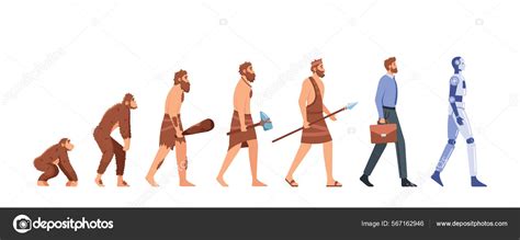 Human Evolution From Monkey To Cyborg Timeline Isolated On White