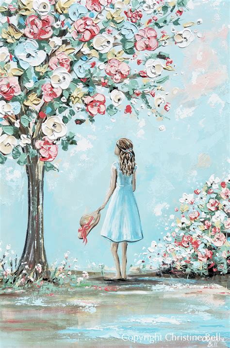 Original Abstract Painting Girl In Garden Cherry Tree Flowers Wall Art