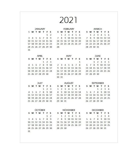 Printable 2021 Calendar Year At A Glance Vertical Standard Etsy