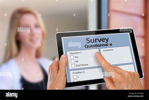 Girl Answering Survey Questionnaire Interview On Tablet Technology