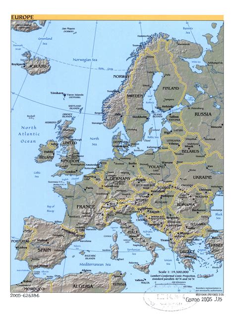 Large Political Map Of Europe With Relief Marks Of Capital Cities And