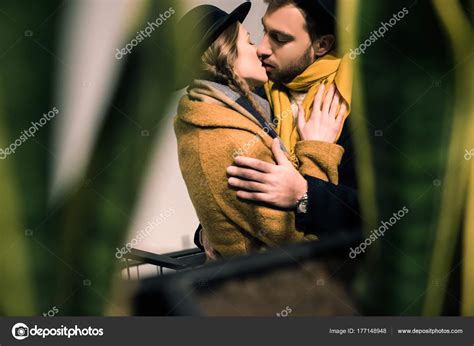 Young Attractive Couple Kissing Autumn Outfit — Stock Photo © Y