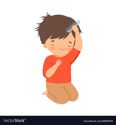 Little Boy Brushing His Wet Hair With Comb Vector Illustration Morning