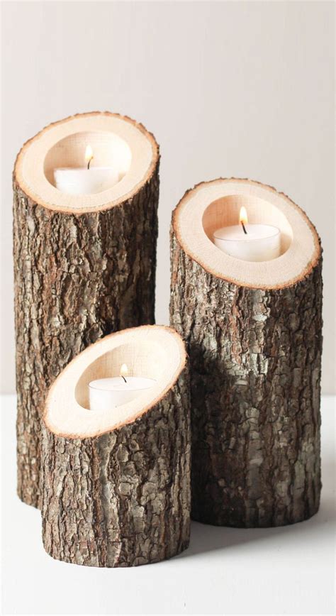 Tree Branch Wood Bark Tea Light Candle Votive Holder Set