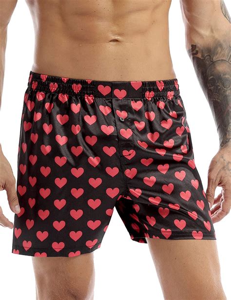 Hularka Mens Silk Satin Boxer Shorts Heart Print Loose Short Pants Swim Trunks Swimwear
