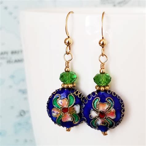 Blue Cloisonne Crystal And Gold Earrings By Happy Shack Designs