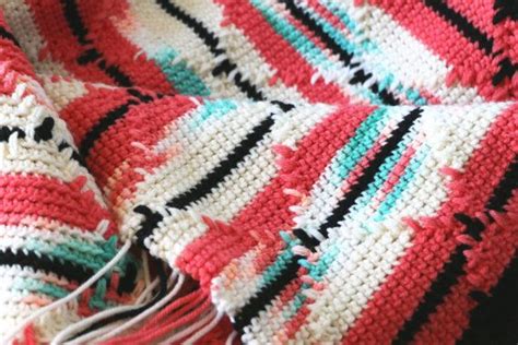 Vintage Crochet Navajo Pattern Blanket Coral Pink Turquoise And Black