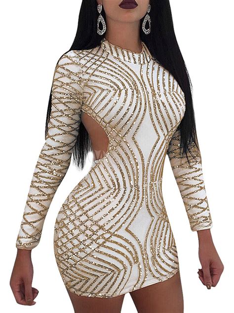 Club Dress For Women High Collar Sexy Sequins Long Sleeves Polyester Cotton Blond Sexy Dress