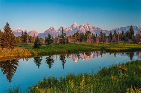 Mountains Rivers Scenery Parks Usa Grass Grand Teton Nature