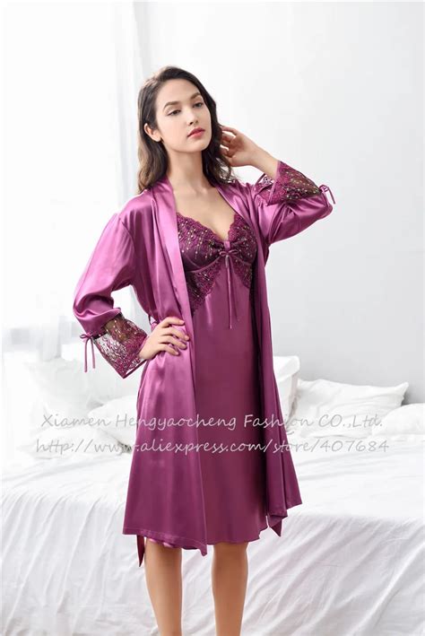 Xifenni Robe Sets Female Sexy Satin Silk Sleepwear Women Lace V Neck Embroidery Faux Silk