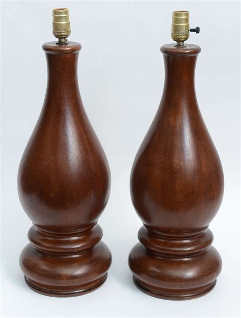 Mid-Century Pair of Dark Hand-Turned Wood Table Lamps For Sale at 1stdibs