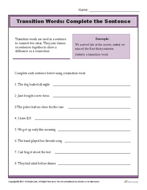 Transition Words Complete The Sentence Writing Worksheet