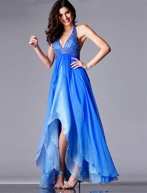 Blue Halter And V Neck Backless Asymmetrical Length A Line Chiffon Prom Dress With Beads