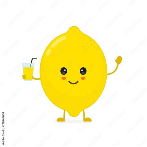 Cute Smiling Happy Lemon With A Glass Of Lemonade Vector Modern Flat