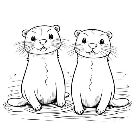 Two Cute Otter Coloring Page Outline Sketch Drawing Vector Cute Otters