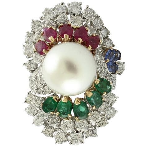 Diamonds Sapphires Rubies Emeralds Pearl White Gold Ring At 1stdibs