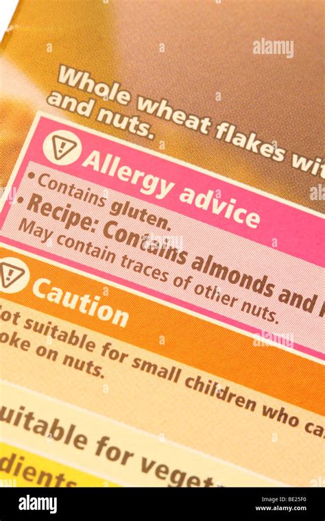Food Labeling Allergy Advice Contains Gluten And Almond Nuts Stock