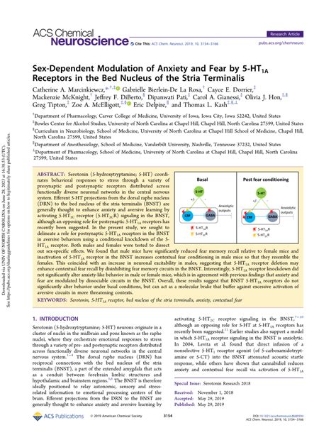 Pdf Sex Dependent Modulation Of Anxiety And Fear By 5 Ht1a Receptors In The Bed Nucleus Of The
