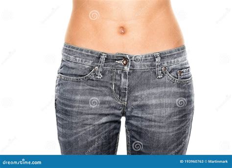 Woman Waist Wearing Jeans Weight Loss Stomach Closeup Stock Image